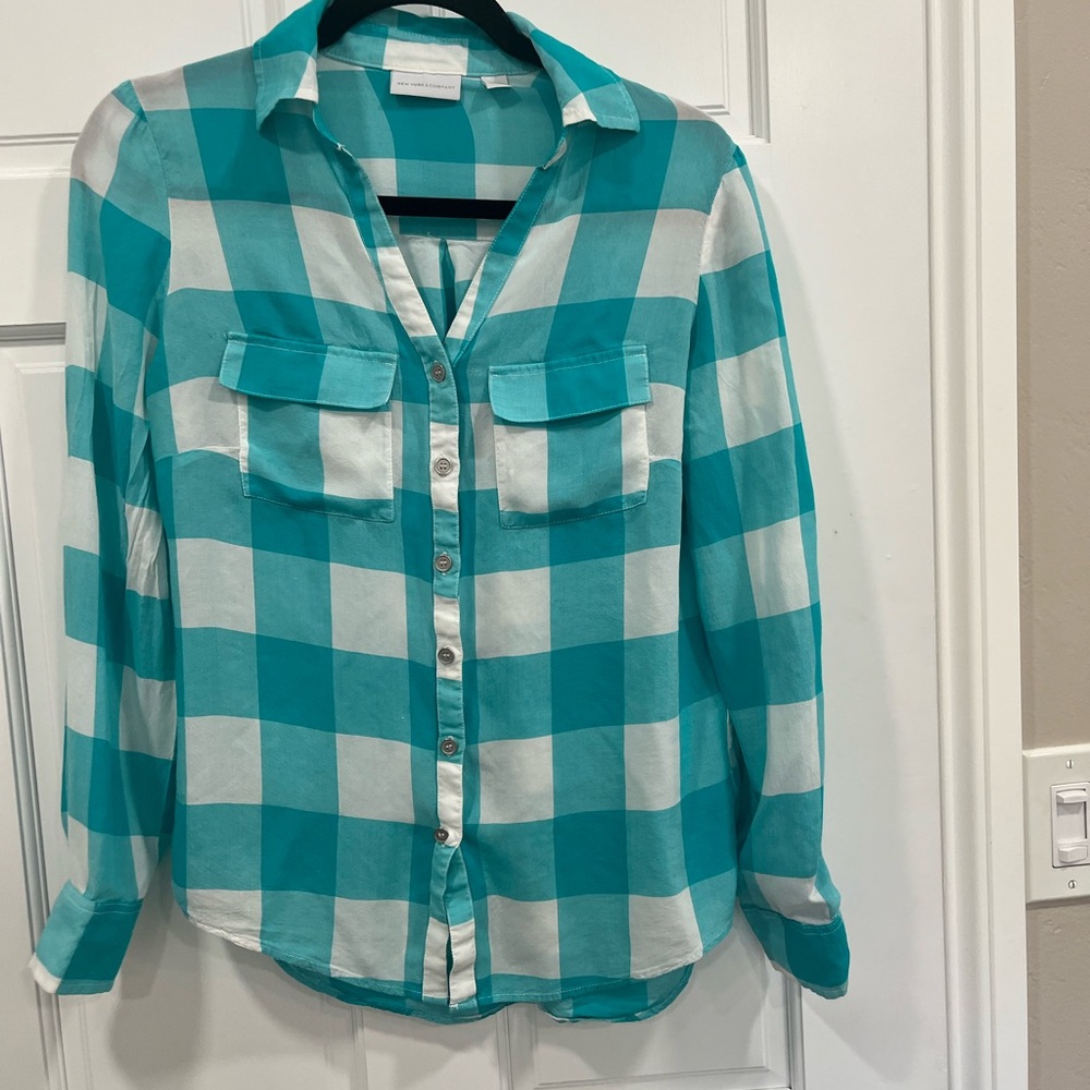 New York & Company Turquoise and White Checkered Shirt